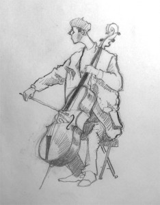 Drawing of cello player in Brick Lane