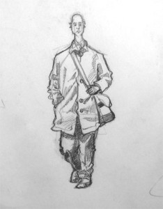 a drawing of man walking in Brick Lane