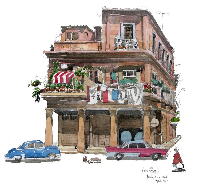 Watercolour of a house in Havana