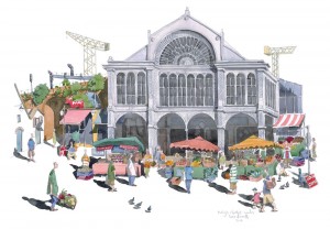 A watercolour of Brough Market in London