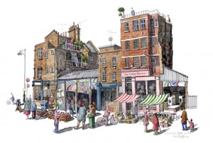 A painting of Bacon Street market, Spitalfileds, London