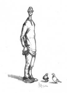 Drawing of a man with pigeons