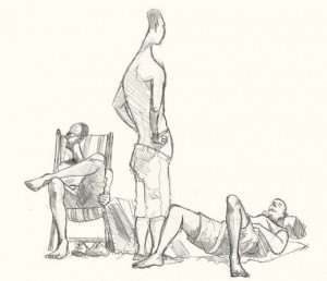 Drawing of Lyme Regis art sunbathers