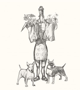 shopper women with dogs drawing
