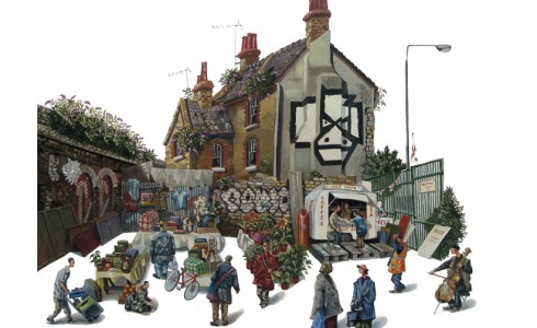 A painting of Sclater Street market, London