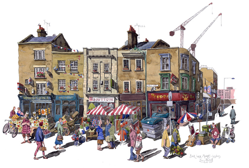 A painting of Brick Lane Market