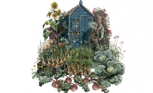 A painting of a digger in an allotment