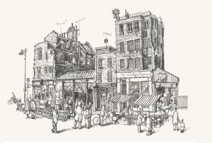 A drawing of Bacon Street market, Shoreditch , London
