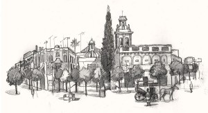 A drawing of Plaza Virgen de los Reyes square,Seville