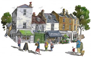 A painting of Local shops on Royal Hill, Greenwich
