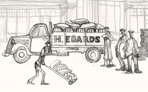A drawing of workers at Spitalfields market