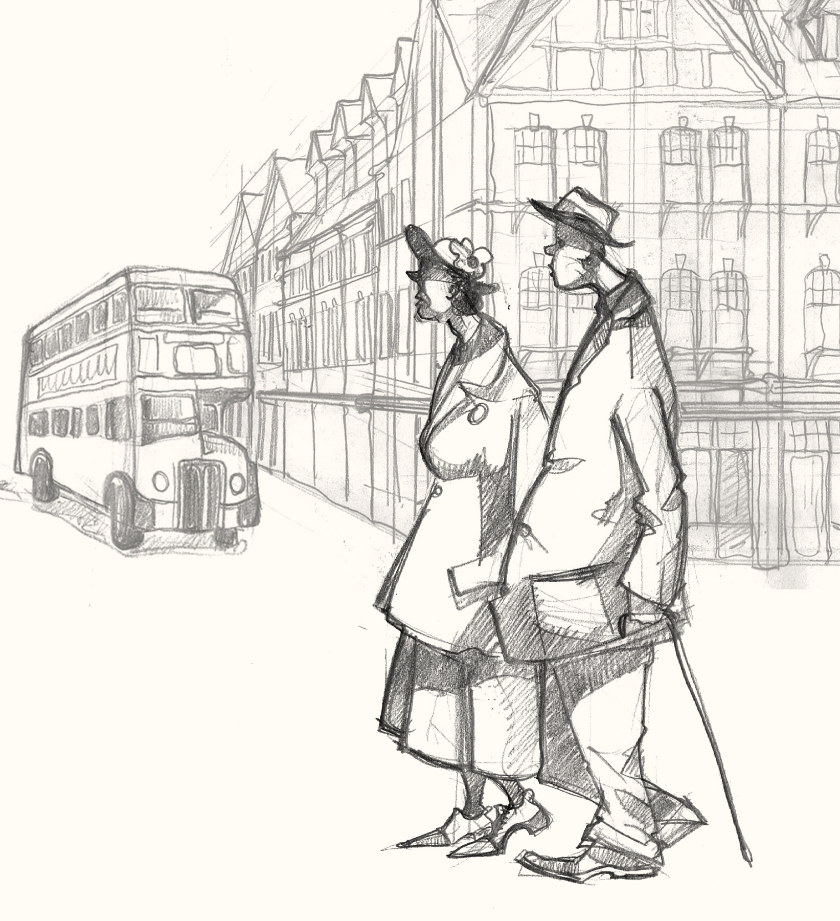 a drawing of pensioners at Spitalfileds Market