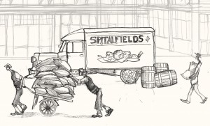 A drawing of a lorry at Spitalfields market