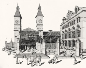 Pen and ink of Liverpool Street station