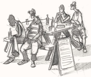 A drawing of Pub Goers in a Cornwall Inn