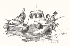 A drawing of men in a boat