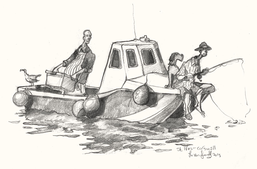 A drawing of men in a boat