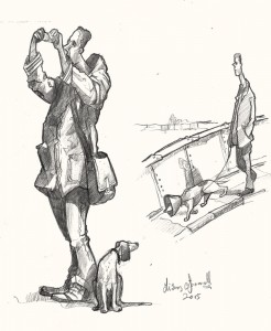 A drawing of a man and a dog