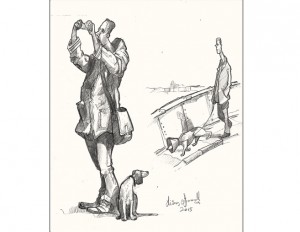 A drawing of men with dogs