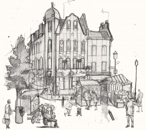 A drawing of a pub in Soho