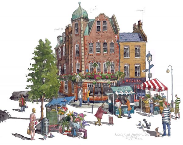 A painting of Berwick Street Market, Soho, London