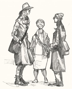 a drawing of shopers in Broadway market