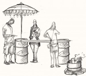 A drawing of people partying in Hackney, London