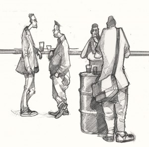 A drawing of people eating in Hackney, London