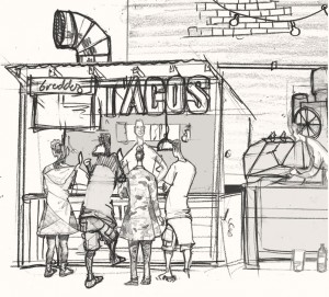 Drawing of a Taco bar in Hackney, London