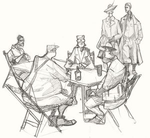 Drawing of drinkers at Goodwood Revival