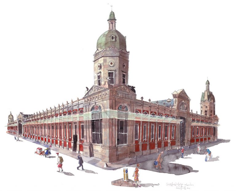a painting of Smithfield market, London