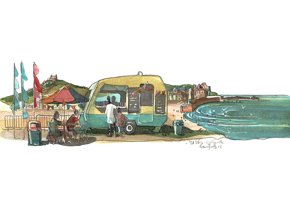 A painting of A caravan tea and Sandwich in St Ives Cornwall