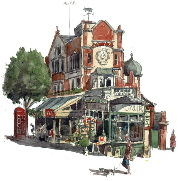 A painting of Le Cochonnet and Avalon Flowers in Maida Vale, London.