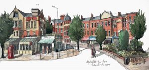 painting of Lauderdale Road, and featuring Le Cochonnet restaurant and Avalon Flowers.