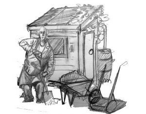 drawing of a man in allotment shed