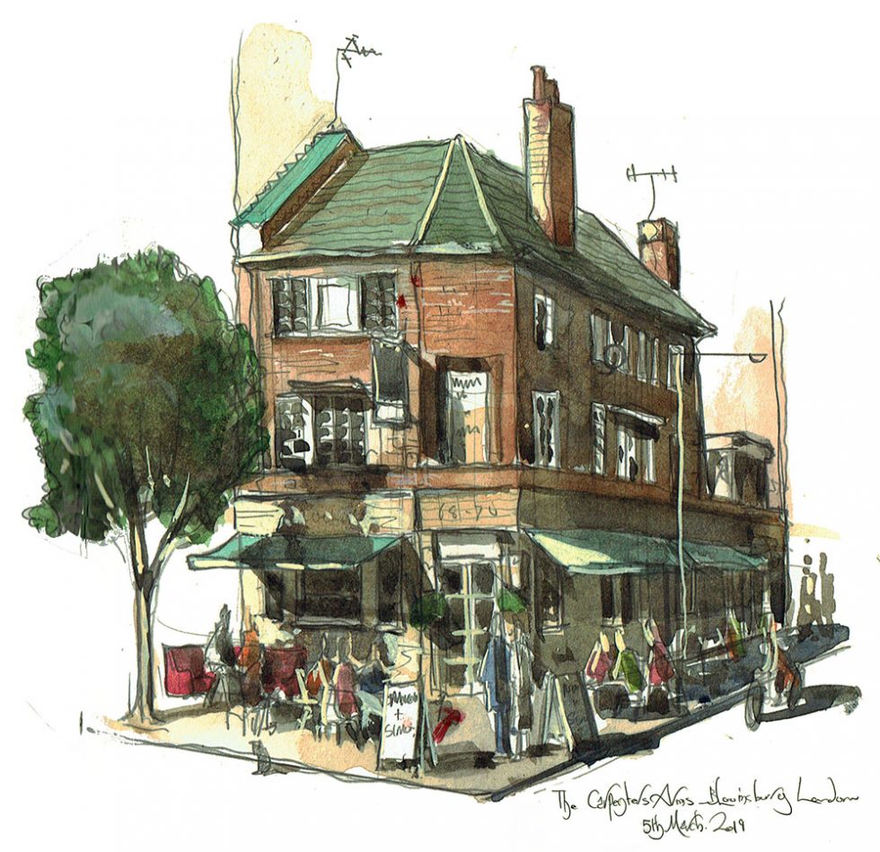 A painting of The Carpenters Arms pub in Fitzrovia in London, near Soho