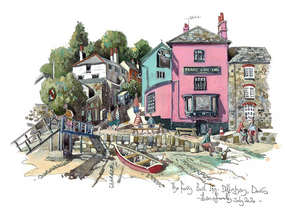 painting of The Ferry Boat Inn Dittisham Devon