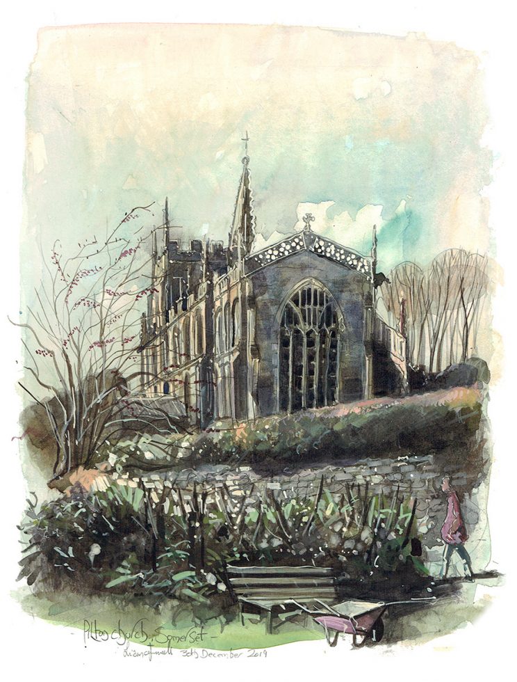 A painting of The Church of St John the Baptist in Pilton, Somerset