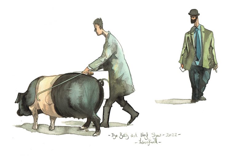 painting of Saddleback pig and owner