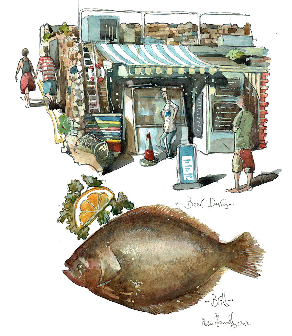 A painting of a fishmonger in Beer, Dorset and Brill Fish to win in newsletter