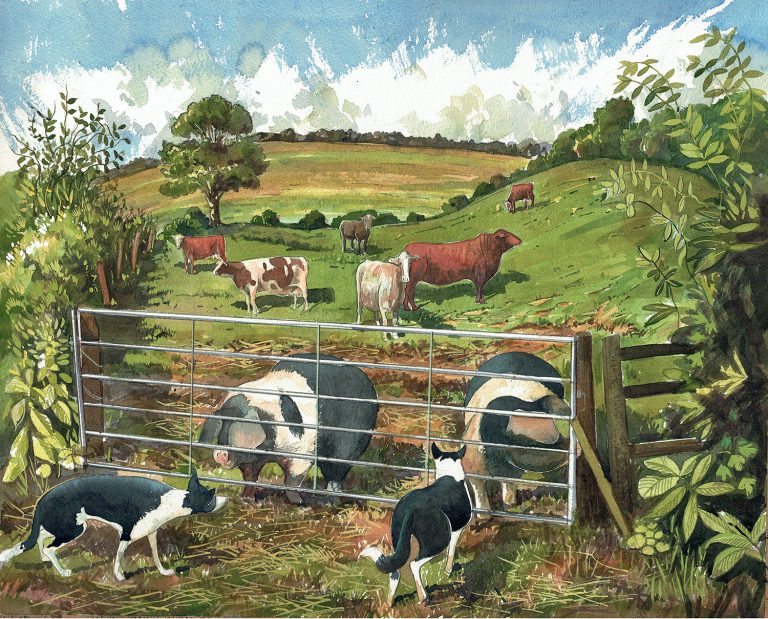 A painting of cows pigs and dogs on a farm