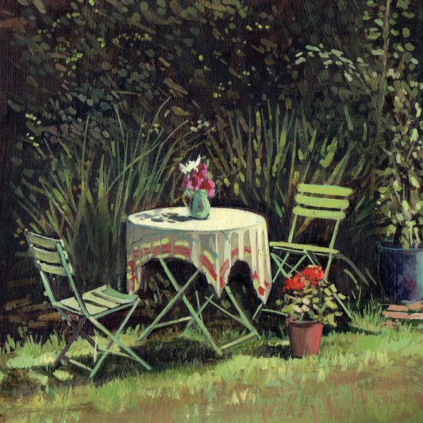 A painting of a garden chairs and tables in Pilton Village Somerset