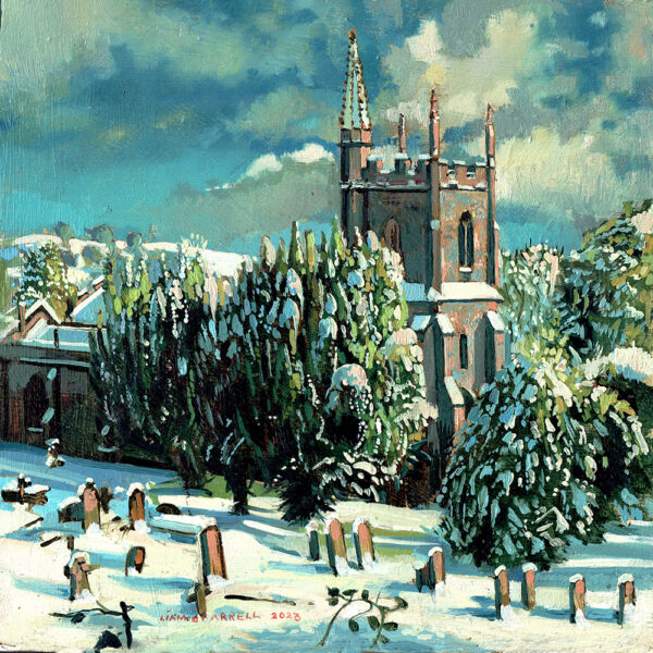 A painting of Pilton Church after a winters Snow fall