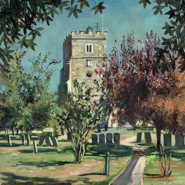Oil painting of the Holy Trinity church in Cookham, the home of the artist Sir Stanley Spencer