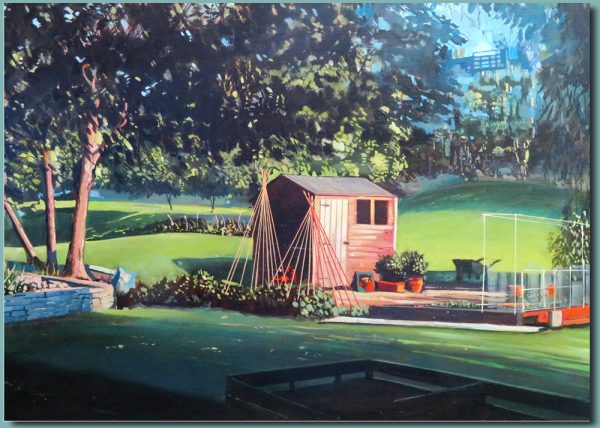 Shed at sunset greetings card 178mm x 127mm