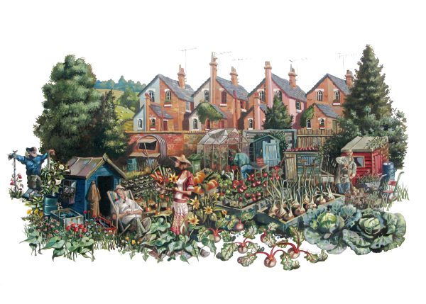 Greetings Card - A family in an urban allotment