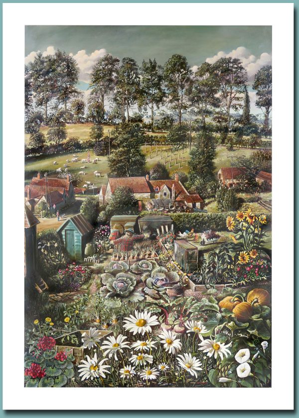 Greetings Card - showing vegetables and flowers. Sunny day
