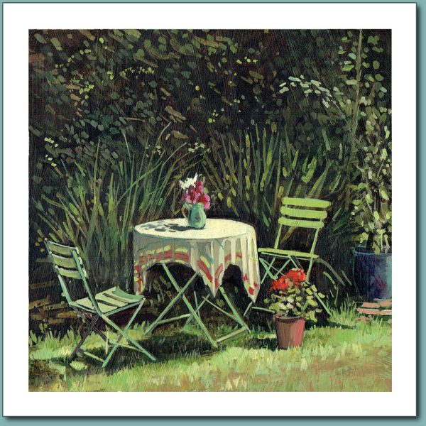 Greetings Card - A painting of garden table and chair