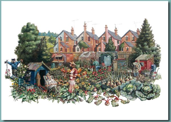 Greetings Card - A family in an urban allotment