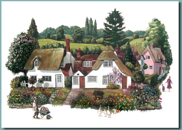 Greetings Card - Thatched cottages in a English Village